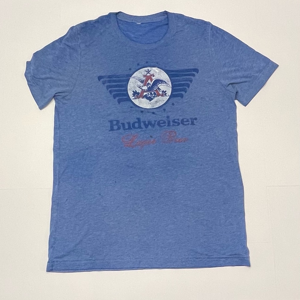 Budweiser Lager Beer Burnout T-Shirt Men's Size Large Blue Lightweight